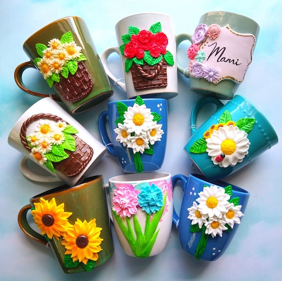 Personalized Mug with flowers,Mother Day Gift, handmade floral mug, polymer clay mug, birthday gift, Custom Flower Mug, Gift with Text