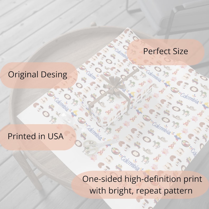 May include: White wrapping paper with a repeating pattern of colorful Colombian-themed illustrations and the word "Colombia". A wrapped gift is centered on the paper, tied with a gray ribbon. The text "Printed in USA" is visible.