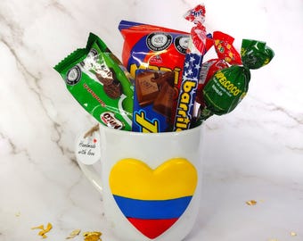 Colombia coffee mug with colombian candies, colombian party favors, colombian flag mug, colombian snack gift, colombian friend birthday