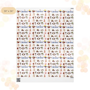May include: A white rectangular fabric with a repeating pattern of Colombian cultural icons, including coffee cups, hats, and the word "Colombia". The fabric measures 30 x 36 inches.