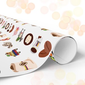 May include: White wrapping paper with a repeating pattern of coffee-related illustrations. The design includes coffee beans, mugs, and bags of coffee, with a rolled edge showing the paper's interior.
