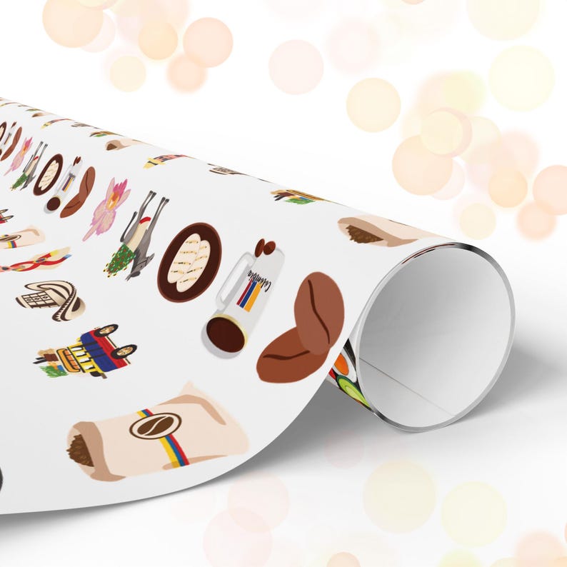 May include: White wrapping paper with a repeating pattern of coffee-related illustrations. The design includes coffee beans, mugs, and bags of coffee, with a rolled edge showing the paper's interior.