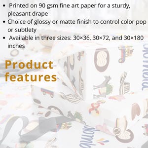 May include: White gift wrap with a repeating pattern of musical instruments, vehicles, and other illustrations. The text "Product features" is visible. The wrap is available in three sizes: 30x36, 30x72, and 30x180 inches.
