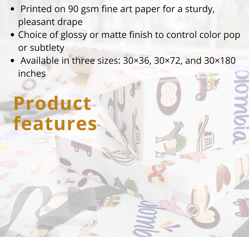 May include: White gift wrap with a repeating pattern of musical instruments, vehicles, and other illustrations. The text "Product features" is visible. The wrap is available in three sizes: 30x36, 30x72, and 30x180 inches.