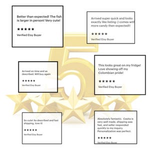 May include: Image featuring a golden number five and star shapes, overlaid with customer reviews. The reviews are in white boxes with black text, including phrases like "Better than expected!" and "Absolutely fantastic."