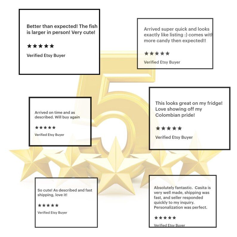 May include: Image featuring a golden number five and star shapes, overlaid with customer reviews. The reviews are in white boxes with black text, including phrases like "Better than expected!" and "Absolutely fantastic."