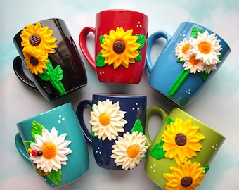 ceramic floral coffee mug handmade, sunflower coffee mug with name, ceramic flower mug, aesthetic floral tea cup, motivational mug with name