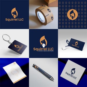 Może przedstawiać: Zestaw materiał&oacute;w brandingowych dla firmy "Squirrel LLC". Logo przedstawia stylizowanego wiewi&oacute;rkę trzymającego żołędź. Branding obejmuje brelok, długopis, naklejkę, rolkę taśmy, wizyt&oacute;wkę i papier firmowy.
