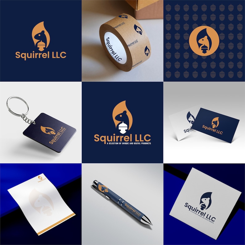 Może przedstawiać: Zestaw materiał&oacute;w brandingowych dla firmy "Squirrel LLC". Logo przedstawia stylizowanego wiewi&oacute;rkę trzymającego żołędź. Branding obejmuje brelok, długopis, naklejkę, rolkę taśmy, wizyt&oacute;wkę i papier firmowy.