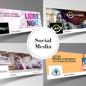 Może przedstawiać: Cztery projekty baner&oacute;w do medi&oacute;w społecznościowych. Pierwszy baner jest r&oacute;żowy i biały z tekstem "LADIES NIGHT" i "FEATURING ARTIST DJ SAKI SNAKE DJ JESSICA ABBA". Drugi baner jest czerwony i czarny z tekstem "AB+ FITNESS" i logo zielonego koła z tekstem "AB+" w środku. Trzeci baner jest pomarańczowy i biały z tekstem "BUILD YOUR BRAND & AUTHORITY WITH THIS POWERFUL INTELLIGENT SOFTWARE" i logo trzech niebieskich os&oacute;b w k&oacute;łku. Czwarty baner jest ż&oacute;łty i biały z tekstem "Make better business decisions - faster!" i tekstem "EVALUA8" w złotej ramce.