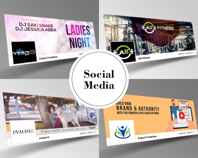 Może przedstawiać: Cztery projekty baner&oacute;w do medi&oacute;w społecznościowych. Pierwszy baner jest r&oacute;żowy i biały z tekstem "LADIES NIGHT" i "FEATURING ARTIST DJ SAKI SNAKE DJ JESSICA ABBA". Drugi baner jest czerwony i czarny z tekstem "AB+ FITNESS" i logo zielonego koła z tekstem "AB+" w środku. Trzeci baner jest pomarańczowy i biały z tekstem "BUILD YOUR BRAND & AUTHORITY WITH THIS POWERFUL INTELLIGENT SOFTWARE" i logo trzech niebieskich os&oacute;b w k&oacute;łku. Czwarty baner jest ż&oacute;łty i biały z tekstem "Make better business decisions - faster!" i tekstem "EVALUA8" w złotej ramce.