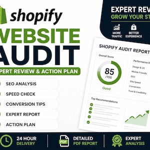 May include: A Shopify website audit service graphic featuring the text Shopify Website Audit, Expert Review & Action Plan. It includes a list of services like SEO analysis, speed check, and conversion tips, alongside a sample audit report showing an 85 score.