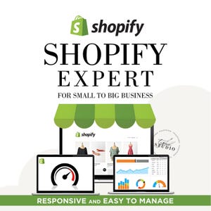 Può includere: Un'immagine promozionale per la competenza Shopify, con il logo verde Shopify e il testo "SHOPIFY EXPERT FOR SMALL TO BIG BUSINESS". L'immagine include laptop che mostrano analisi di siti Web e dati, con le parole "RESPONSIVE AND EASY TO MANAGE."