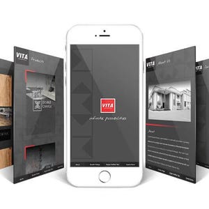 Op de afbeelding: Een witte smartphone toont een website met het "VITA"-logo en de slogan "infinite possibilities". Donkergrijze panelen omringen de telefoon en tonen productinformatie en architecturale afbeeldingen. Het ontwerp is modern en professioneel.