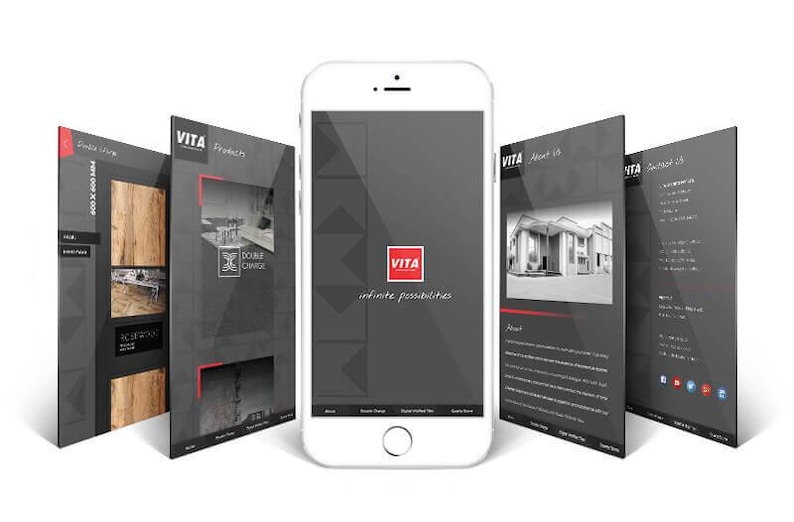 Op de afbeelding: Een witte smartphone toont een website met het "VITA"-logo en de slogan "infinite possibilities". Donkergrijze panelen omringen de telefoon en tonen productinformatie en architecturale afbeeldingen. Het ontwerp is modern en professioneel.
