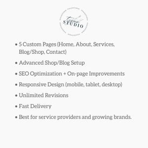 Op de afbeelding: Witte achtergrond met een cirkelvormig logo bovenaan en opsommingstekens met diensten. Het logo luidt "Lisa Studio" met een pen- en inktontwerp. De opsommingstekens omvatten "5 aangepaste pagina's", "SEO-optimalisatie" en "Snelle levering".