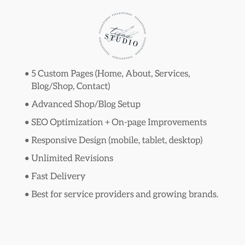Op de afbeelding: Witte achtergrond met een cirkelvormig logo bovenaan en opsommingstekens met diensten. Het logo luidt "Lisa Studio" met een pen- en inktontwerp. De opsommingstekens omvatten "5 aangepaste pagina's", "SEO-optimalisatie" en "Snelle levering".