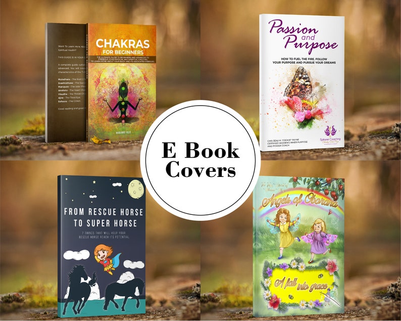 Może przedstawiać: Cztery r&oacute;żne okładki ebook&oacute;w. Pierwsza okładka to ciemnozielona książka z tytułem "Chakras for Beginners". Druga okładka to jasnor&oacute;żowa książka z tytułem "Passion and Purpose". Trzecia okładka to ciemnoniebieska książka z tytułem "From Rescue Horse to Super Horse". Czwarta okładka to jasnozielona książka z tytułem "Angels of Corona" i tekstem "A fall into grace".