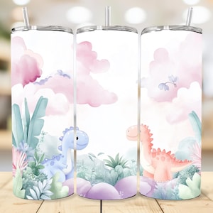 Dinosaur Girl Tumbler Wrap, Dinosaur 20 oz Skinny Tumbler Sublimation Design, Funny Watercolor Animal Digital Pastel Dinosaur Tumbler twr002
