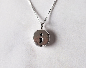 Sterling Silver Semi-Colon Pebble Necklace ; | Handmade Recycled Silver Pendant | Mental Health Awareness Gift