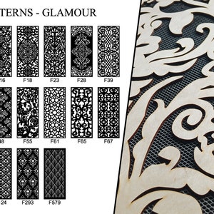 Ready to apply overlay. 16 GLAMOUR patterns to choose from, painted or raw. 187 COLORS! Panel for wall or furniture.