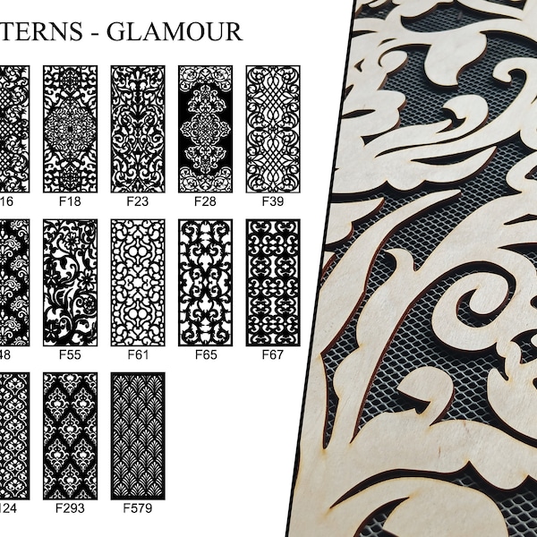 Ready to apply overlay. 16 GLAMOUR patterns to choose from, painted or raw. 187 COLORS! Panel for wall or furniture.