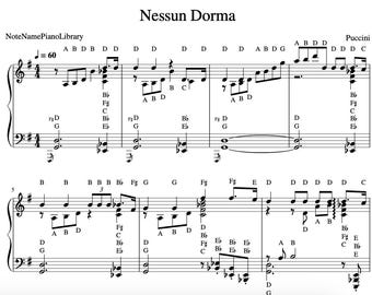 Nessun Dorma (Puccini) with Note Names Piano Sheet Music