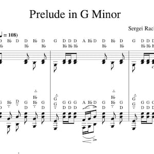 May include: A black and white musical score of Sergei Rachmaninoff's Prelude in G Minor, Op. 23, No. 5. The sheet music includes notes, clefs, and dynamic markings. The title "Prelude in G Minor" is displayed at the top.