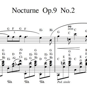 Puede incluir: Partitura musical del Nocturno Op.9 No.2 de Frédéric Chopin, escrita en tinta negra sobre papel blanco. La partitura incluye claves de sol y de fa, notas y notaciones musicales. El título y el nombre del compositor están en la parte superior.