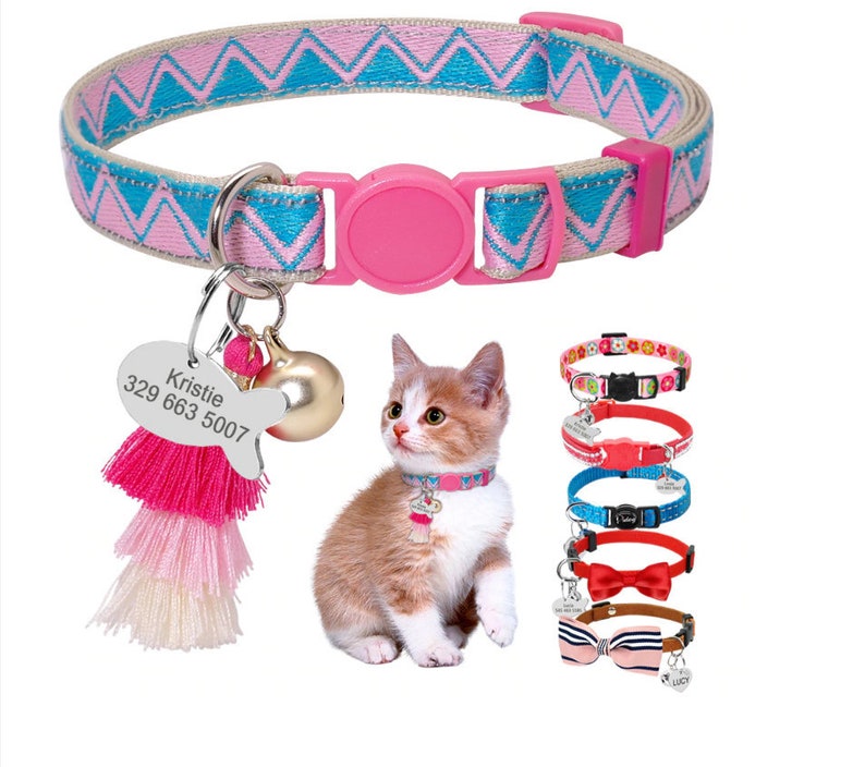 Personalized Reflective Dog Cat Collar With Bell & ID Tag - Quick Release Safety