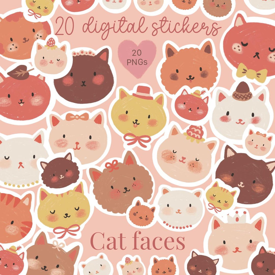 20 Pastel Cat Face Digital Stickers | Kawaii Hand Drawn Colored Pencil ...