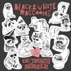 Può includere: Adesivi digitali in bianco e nero con procioni in varie pose e ambientazioni. L'immagine include il testo "Black & White Raccoons", "15 PNGs" e "15 Digital Stickers". Gli adesivi sono in stile disegnato a mano.