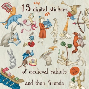 Puede incluir: Una colección de 15 pegatinas digitales con conejos medievales y sus amigos. Las ilustraciones muestran conejos en diversas situaciones, tocando instrumentos, usando armas e interactuando con otros animales. El texto dice "15 pegatinas digitales de conejos medievales y sus amigos."