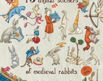 15 Medieval Rabbit Digital Stickers | Cute Bunny Knights, Archery, Reading Fox, Cat, Rat & Weapons | Fantasy Manuscript Planner Stickers PNG