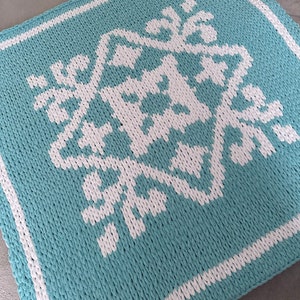 May include: A teal knitted throw blanket with a white geometric design in the center. The blanket has a white border.
