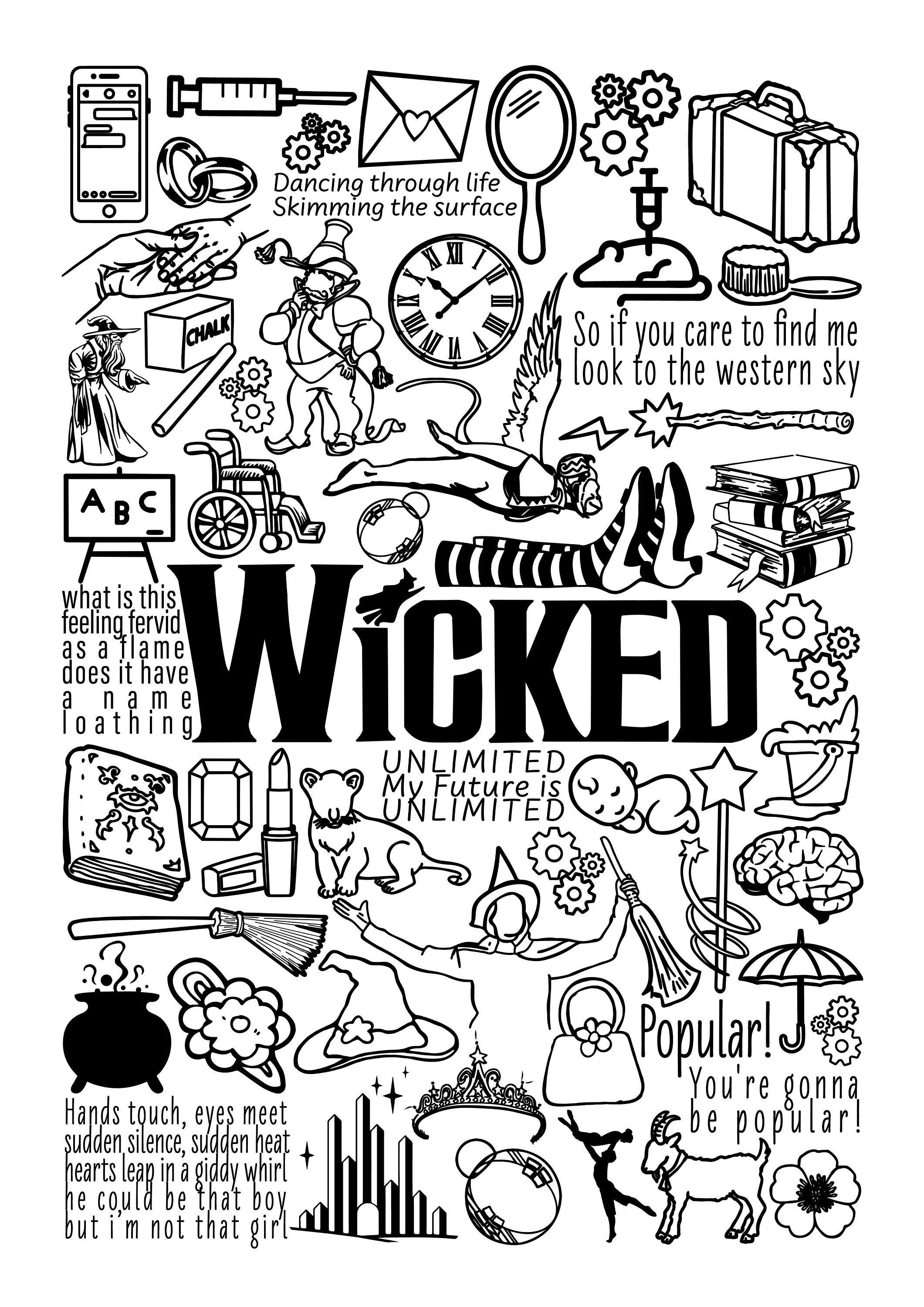 wicked-musical-poster-matte-print-black-and-white-etsy