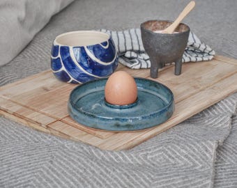 Handcrafted Deep Ocean Blue Egg Cup with Plate