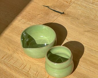 MATCHA SET, Speckled Stoneware Coffee Mug, Handleless Cup and matcha whisking bowl