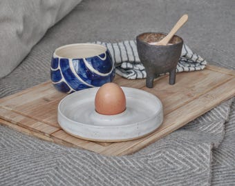 Ceramic Egg Cup and Saucer: Speckled White Breakfast Plate