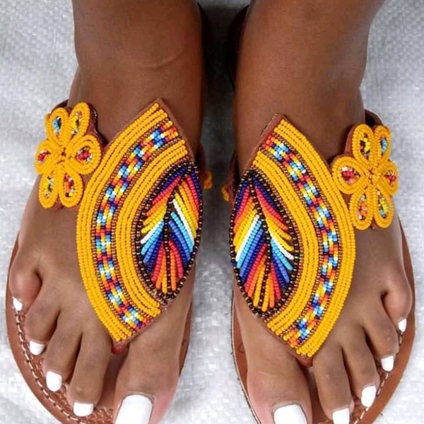 African sandals for women, Yellow beaded sandals, maasai sandals, leathersandals, Gift for her, Summer sandals women, sandali