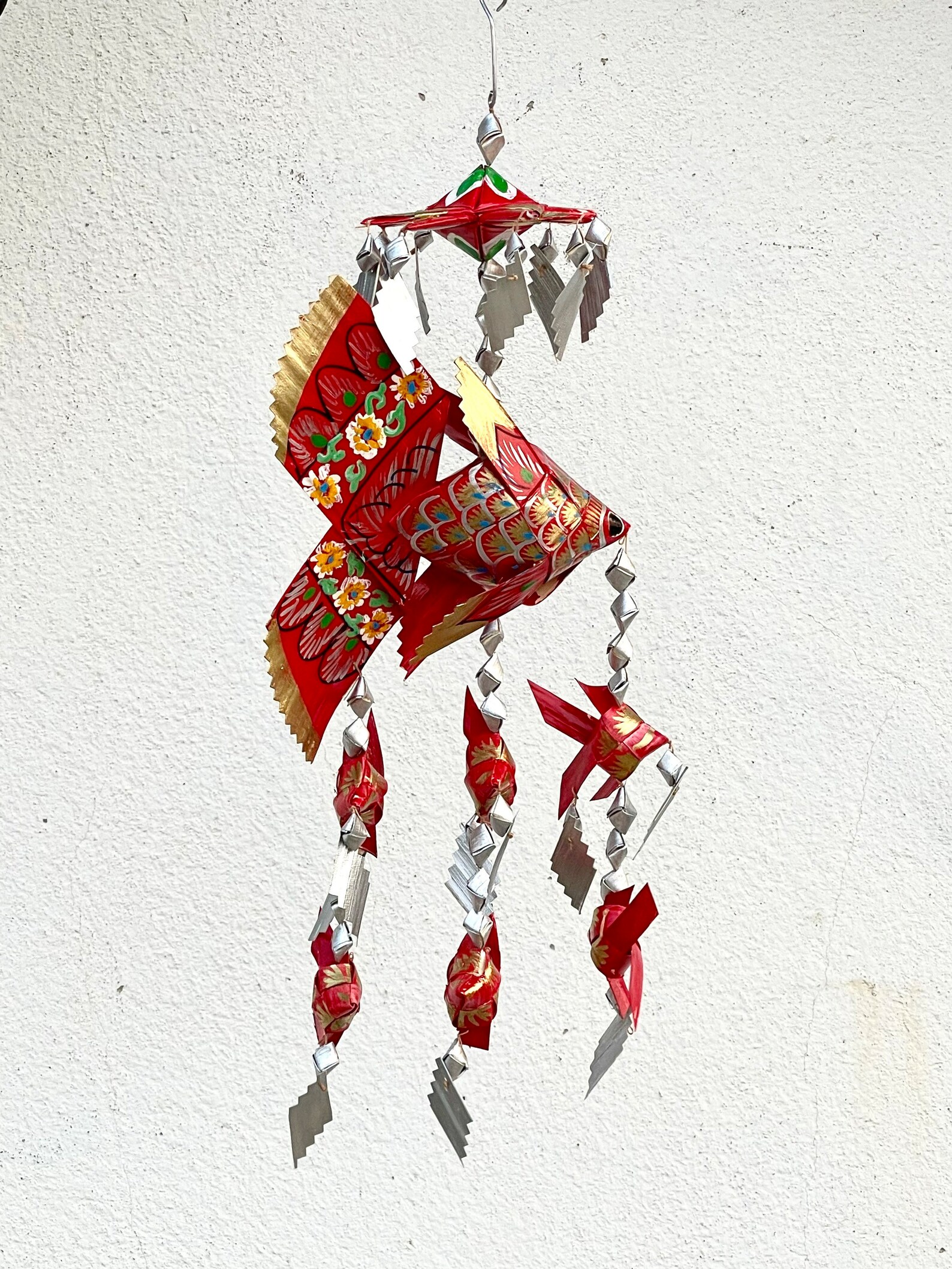 Paper Fish Mobile Mini Red Thai Woven Fish Mobile Made From Palm Leaf With Colorful ...