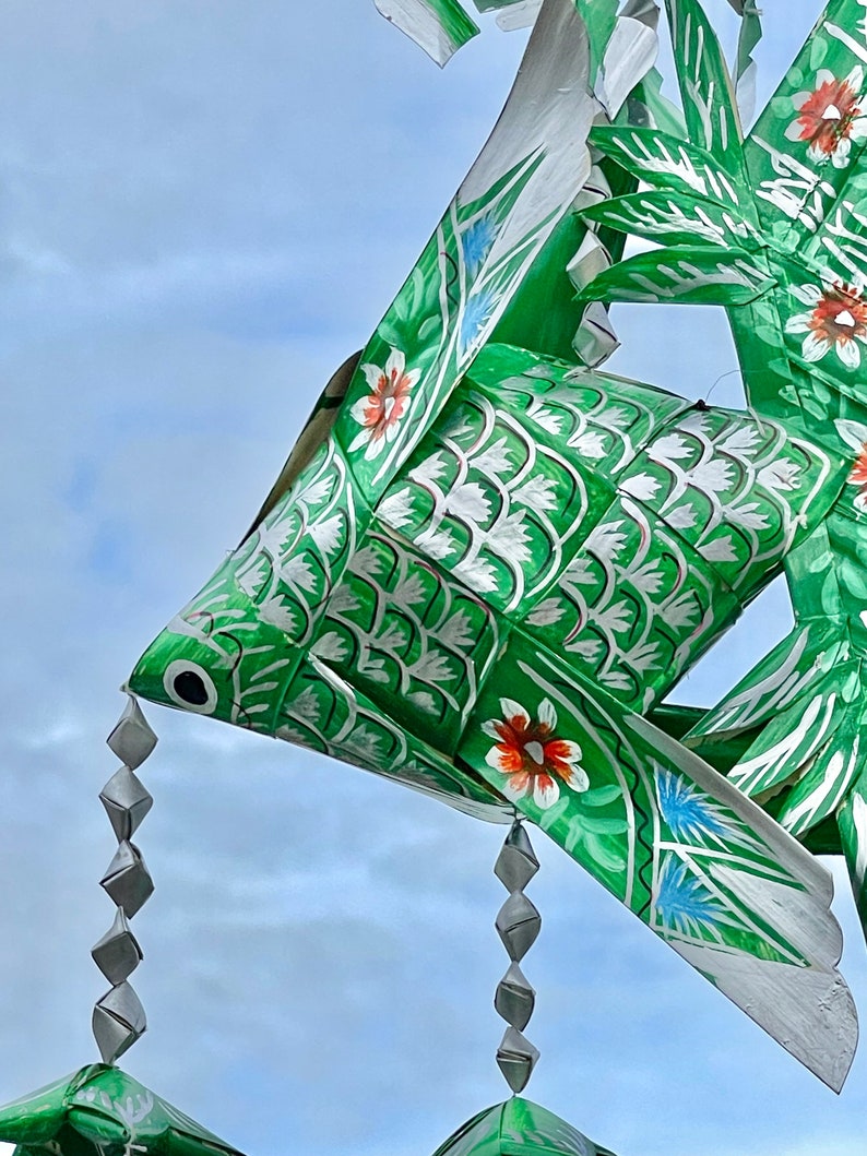 Thai Green Fish Mobile Weaved With Palm Leaves Painted Bright Silver ...