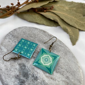 Pair of unique green mosaic plastic earrings