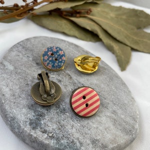 Pair of vintage flower or red stripe button clip-on earrings, non-pierced ear studs