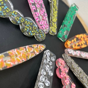 Hair clips barrettes 4 models fine stones transparent epoxy resin inclusion animals pandas bees fish pigs bears child