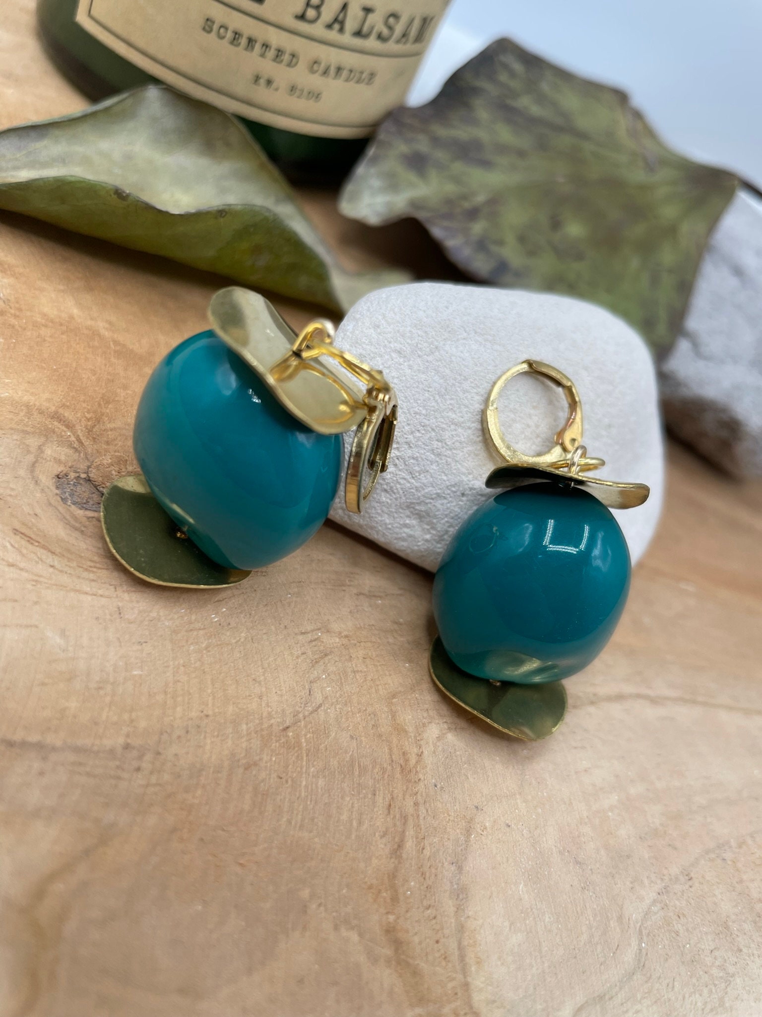 Dangling duck blue earrings and brass upcycled beads recycling costume jewelry