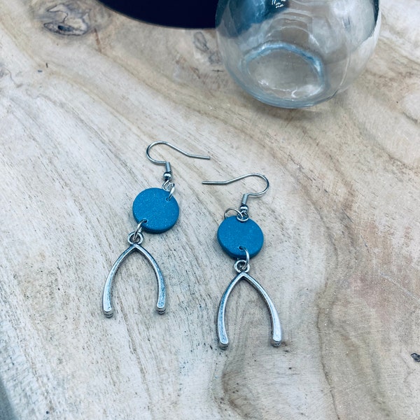 Boucles d'oreilles bleues, acier inoxydable 3 styles uniques et originaux, breloques argentées, attaches et clous anti allergie -os-éventail