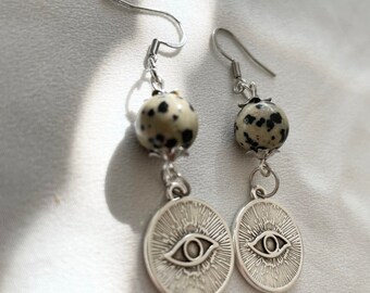 Boucles d'oreilles perles naturelles jaspe dalmatien 10mm breloque oeil 2 modèles uniques attaches acier inoxydable argentées blanc noir