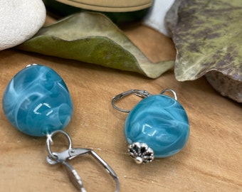 Blue dangling earrings with upcycled beads recycling costume jewelry