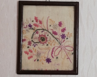 1930&#39;s framed fragment of Turkish silk embroidery - Anatolian village wall hanging Home decor Hand crafted